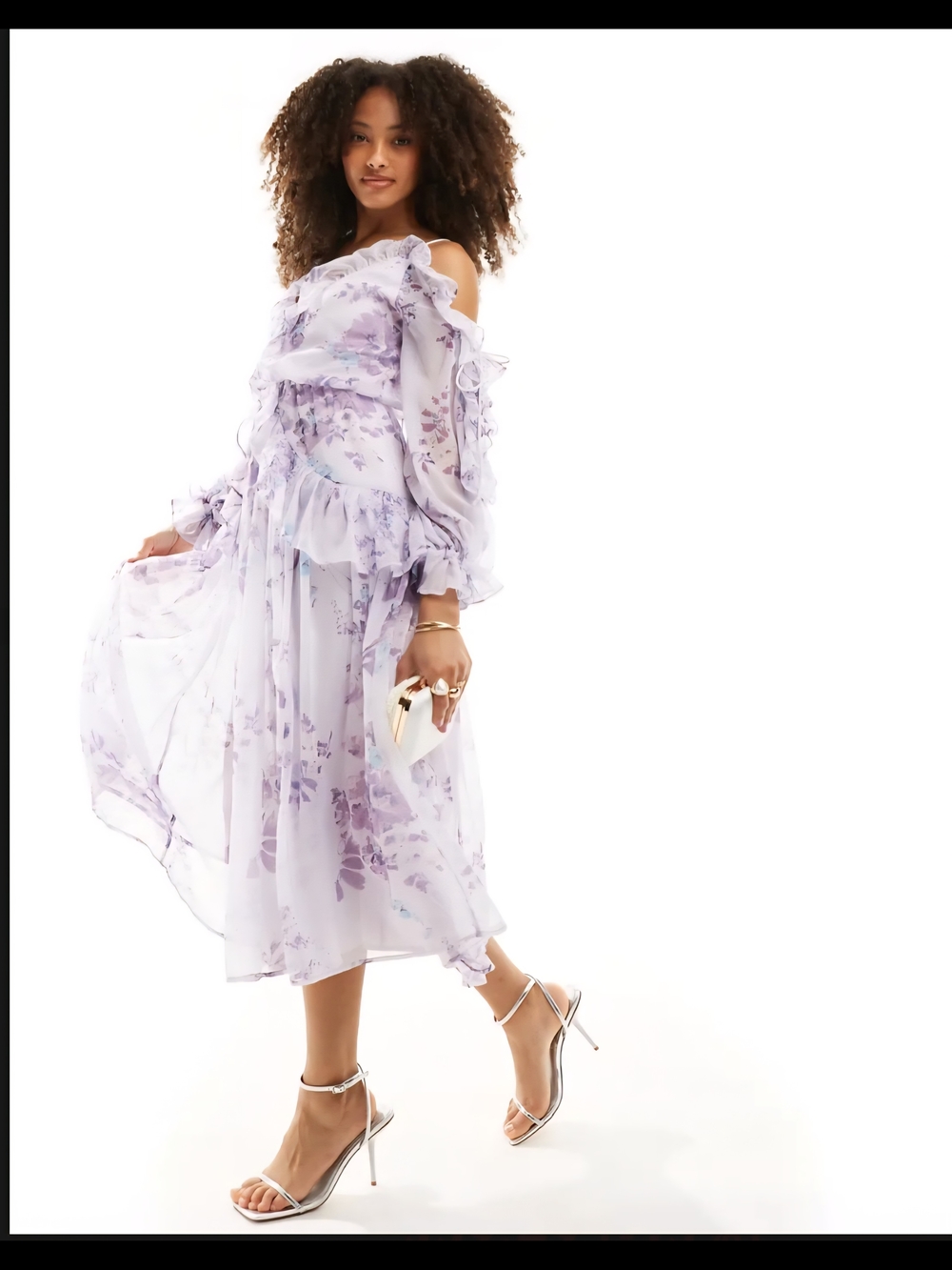 ASOS DESIGN RUFFLE OFF THE SHOULDER MIDI DRESS IN LILAC FLORAL PRINT